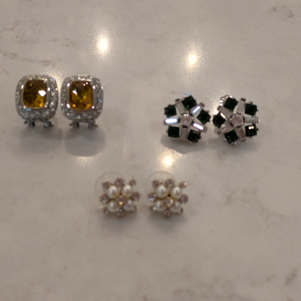 Kirks Folly Yellow, White Earring & Green Clip On Earrings Set Of 3 Pairs